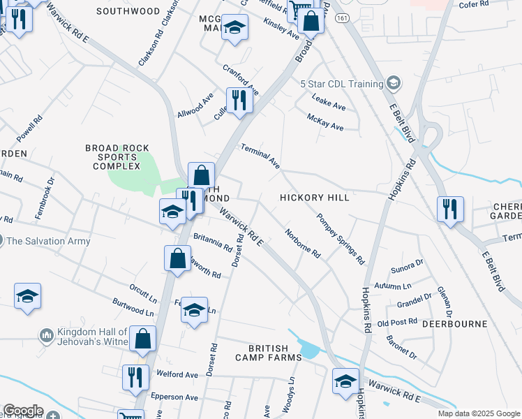 map of restaurants, bars, coffee shops, grocery stores, and more near 4411 Norborne Road in Richmond