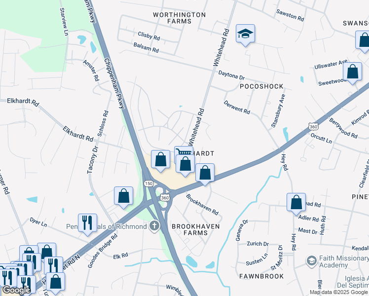 map of restaurants, bars, coffee shops, grocery stores, and more near 1509 Ivymount Road in Richmond