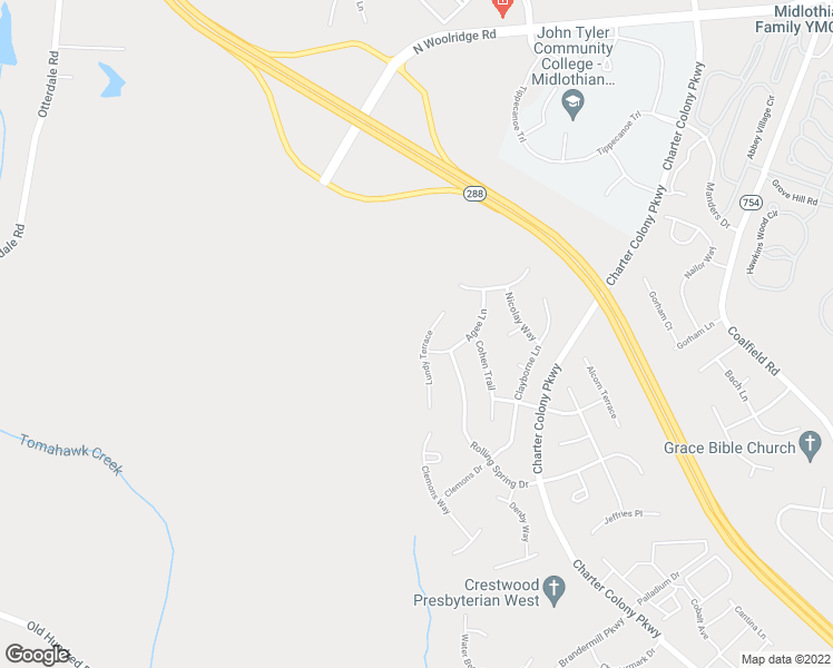 map of restaurants, bars, coffee shops, grocery stores, and more near 1507 Lundy Terrace in Midlothian