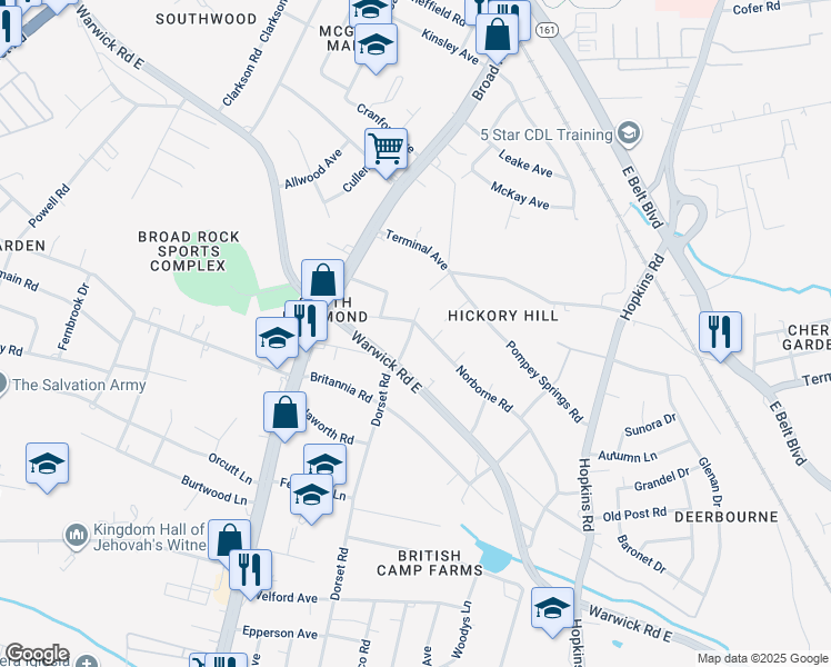 map of restaurants, bars, coffee shops, grocery stores, and more near 4411 Norborne Road in Richmond