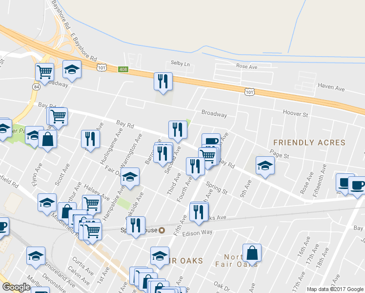 map of restaurants, bars, coffee shops, grocery stores, and more near 867 Second Avenue in Redwood City