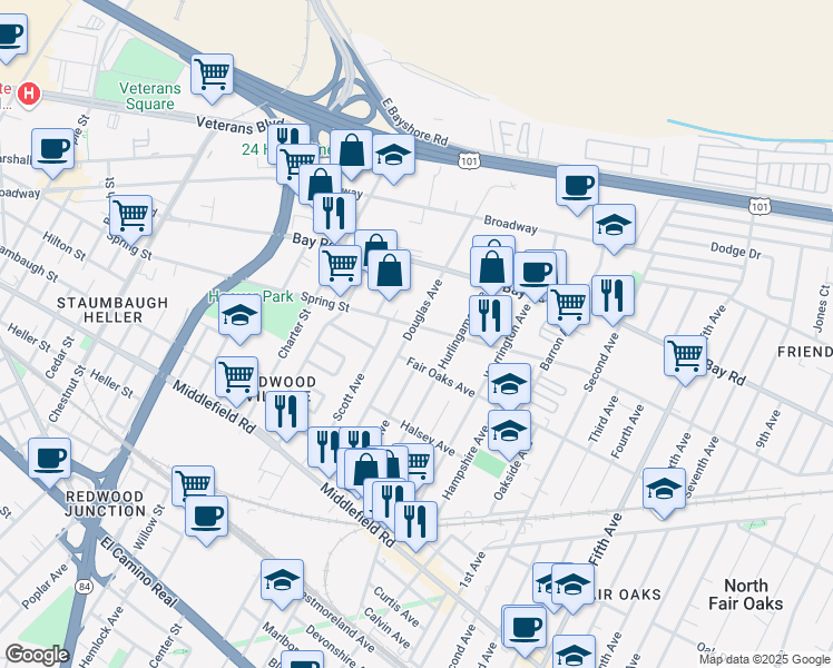 map of restaurants, bars, coffee shops, grocery stores, and more near 788 Douglas Avenue in Redwood City