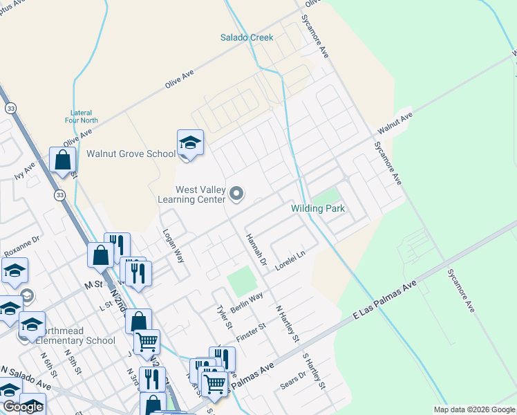 map of restaurants, bars, coffee shops, grocery stores, and more near 638 Periwinkle Drive in Patterson