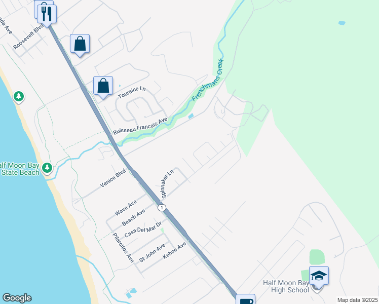 map of restaurants, bars, coffee shops, grocery stores, and more near 1568 Mizzen Lane in Half Moon Bay
