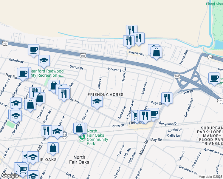 map of restaurants, bars, coffee shops, grocery stores, and more near 3449 Page Street in Redwood City
