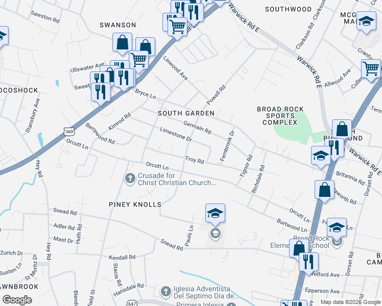 map of restaurants, bars, coffee shops, grocery stores, and more near 2119 Powell Road in Richmond