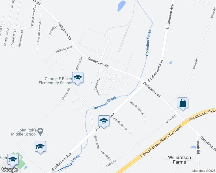 map of restaurants, bars, coffee shops, grocery stores, and more near 2106 New Market Village Boulevard in Henrico