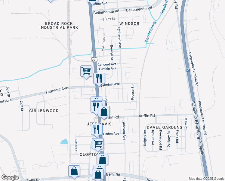 map of restaurants, bars, coffee shops, grocery stores, and more near 3007 Berwyn Street in Richmond