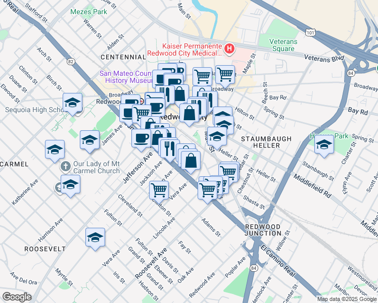 map of restaurants, bars, coffee shops, grocery stores, and more near 299 Franklin Street in Redwood City