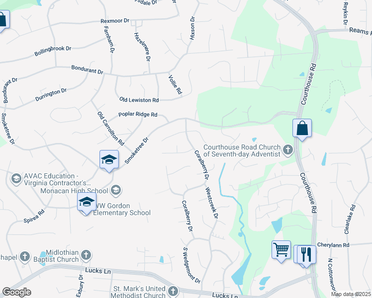 map of restaurants, bars, coffee shops, grocery stores, and more near 11312 Stonecrop Place in Richmond