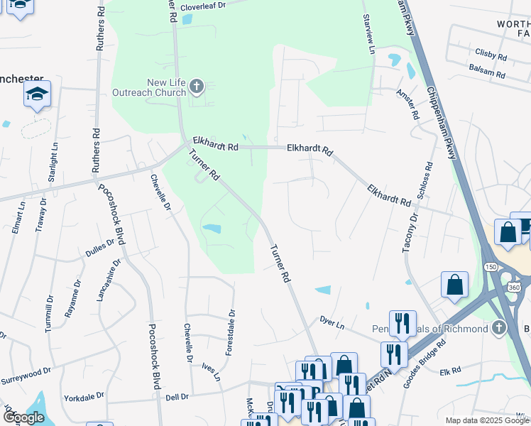 map of restaurants, bars, coffee shops, grocery stores, and more near 1519 Turner Road in Richmond