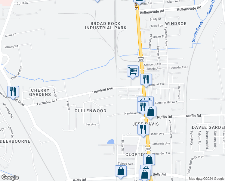 map of restaurants, bars, coffee shops, grocery stores, and more near 2801 Terminal Avenue in Richmond