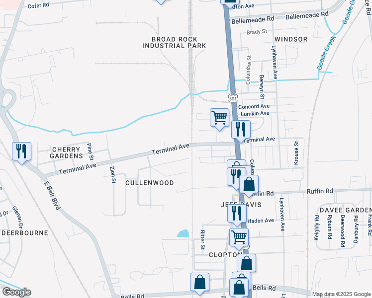 map of restaurants, bars, coffee shops, grocery stores, and more near 2801 Terminal Avenue in Richmond