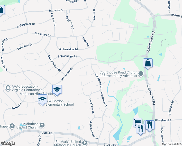 map of restaurants, bars, coffee shops, grocery stores, and more near 11312 Stonecrop Place in Richmond