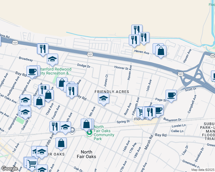map of restaurants, bars, coffee shops, grocery stores, and more near 3399 Page Street in Redwood City