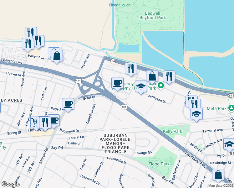 map of restaurants, bars, coffee shops, grocery stores, and more near 190 Independence Drive in Menlo Park