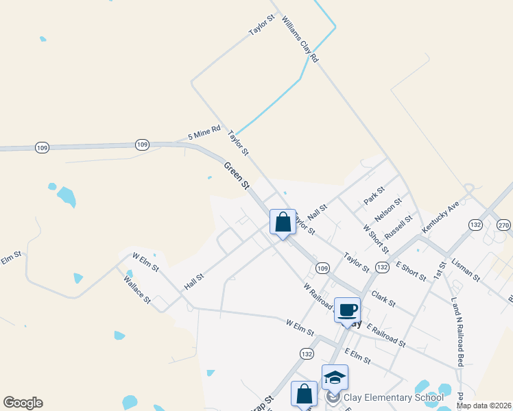 map of restaurants, bars, coffee shops, grocery stores, and more near 453 Green Street in Clay