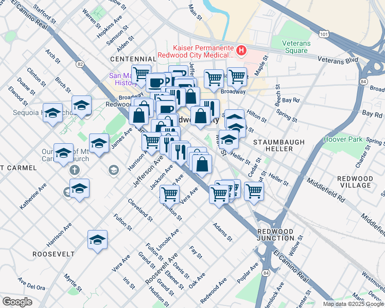 map of restaurants, bars, coffee shops, grocery stores, and more near Franklin Street in Redwood City