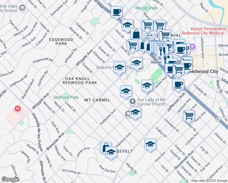 map of restaurants, bars, coffee shops, grocery stores, and more near 221 Grand Street in Redwood City