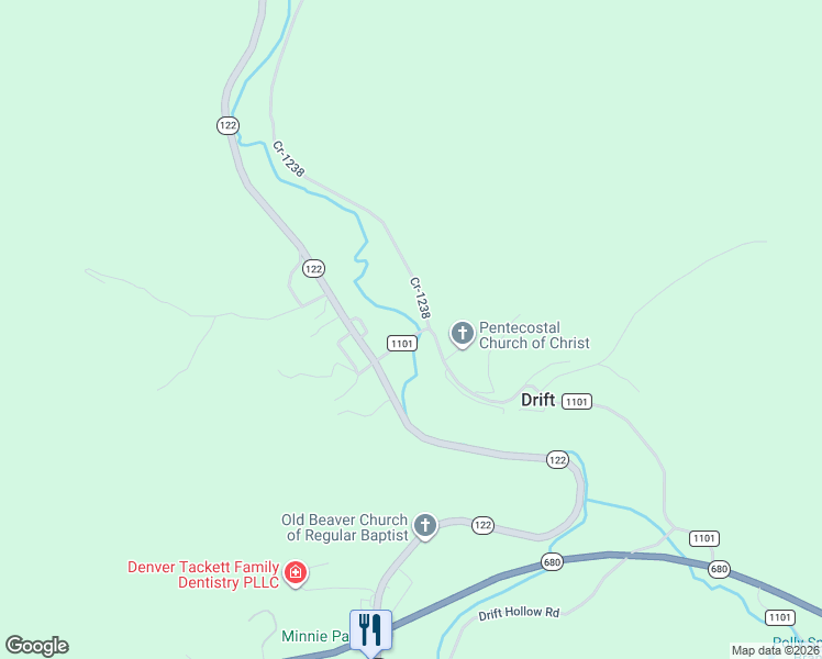 map of restaurants, bars, coffee shops, grocery stores, and more near County Road 1101 in Drift
