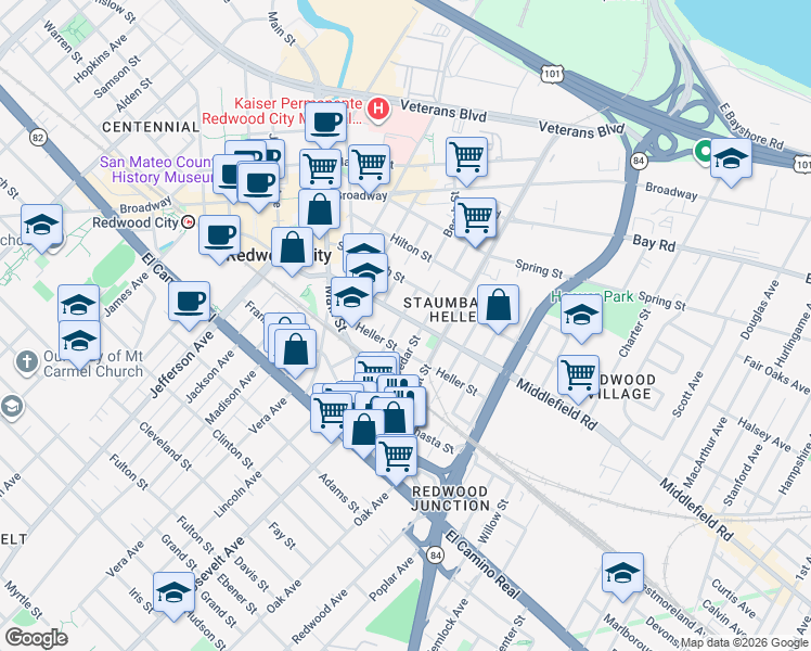 map of restaurants, bars, coffee shops, grocery stores, and more near 486 Beech Street in Redwood City