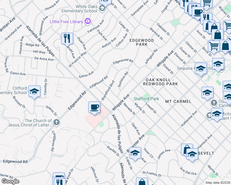 map of restaurants, bars, coffee shops, grocery stores, and more near 2 Turnsworth Avenue in Redwood City