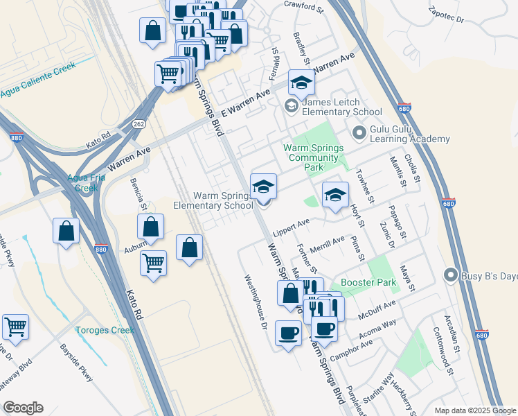 map of restaurants, bars, coffee shops, grocery stores, and more near 47370 Warm Springs Boulevard in Fremont