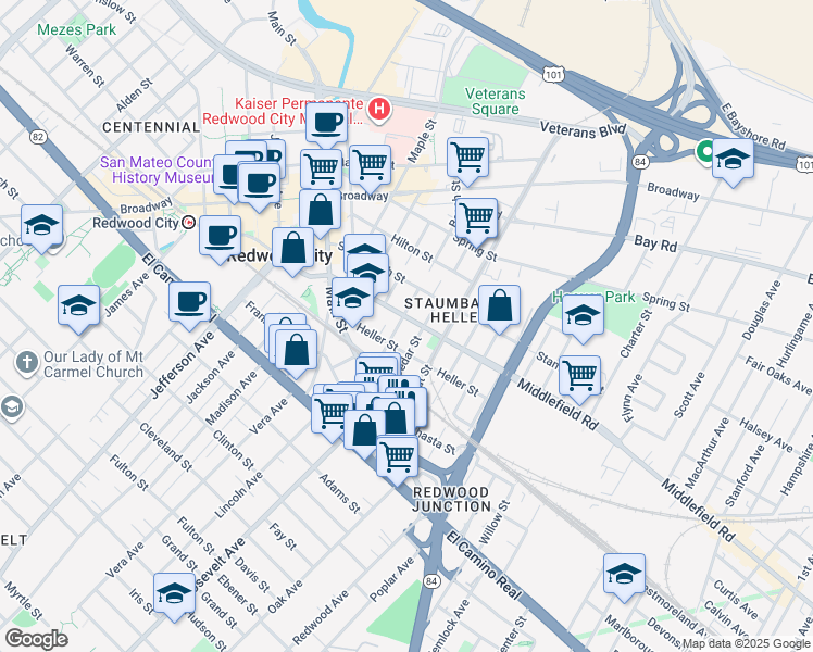map of restaurants, bars, coffee shops, grocery stores, and more near 411 Cedar Street in Redwood City