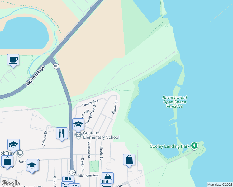 map of restaurants, bars, coffee shops, grocery stores, and more near 2895 Fordham Street in East Palo Alto