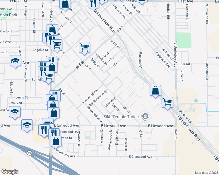 map of restaurants, bars, coffee shops, grocery stores, and more near 1098 5th Street in Turlock