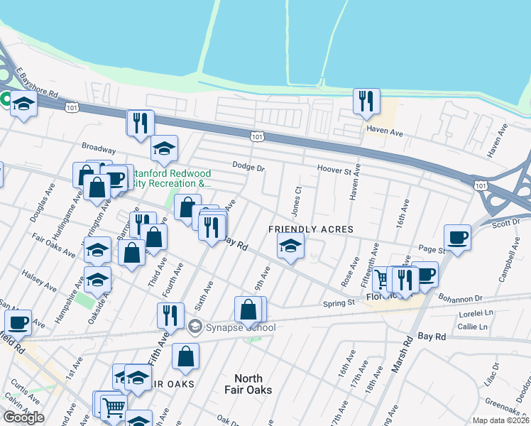 map of restaurants, bars, coffee shops, grocery stores, and more near 932 Seventh Avenue in Redwood City