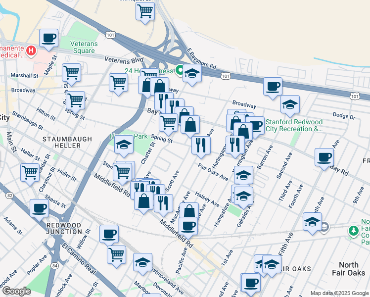 map of restaurants, bars, coffee shops, grocery stores, and more near 707 Scott Avenue in Redwood City