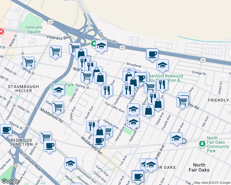 map of restaurants, bars, coffee shops, grocery stores, and more near 791 Hurlingame Avenue in Redwood City