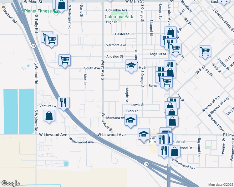 map of restaurants, bars, coffee shops, grocery stores, and more near 628 Williams Avenue in Turlock