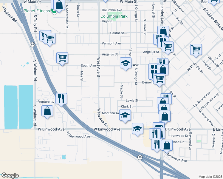 map of restaurants, bars, coffee shops, grocery stores, and more near 655 Jordan Avenue in Turlock