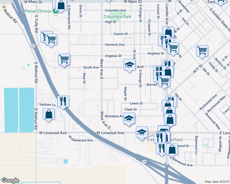 map of restaurants, bars, coffee shops, grocery stores, and more near 628 Williams Avenue in Turlock
