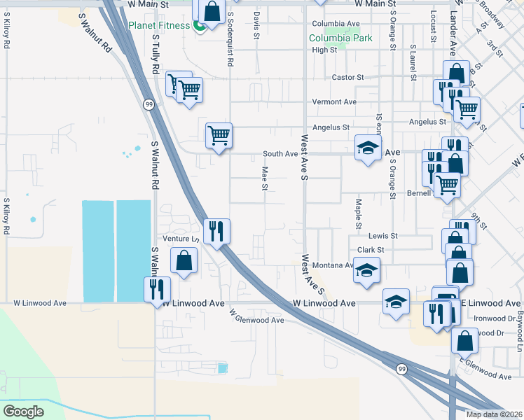 map of restaurants, bars, coffee shops, grocery stores, and more near 1125 Mae Street in Turlock