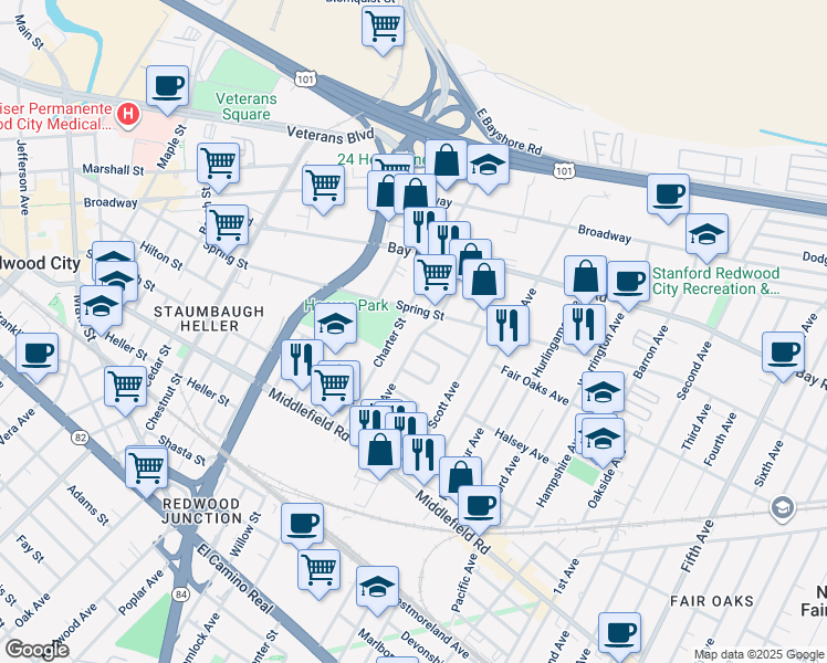 map of restaurants, bars, coffee shops, grocery stores, and more near 36 Greenwood Lane in Redwood City