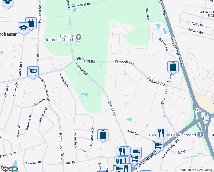 map of restaurants, bars, coffee shops, grocery stores, and more near 1519 Turner Road in Richmond
