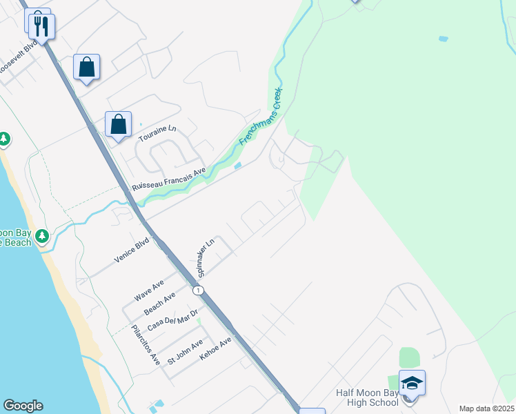 map of restaurants, bars, coffee shops, grocery stores, and more near 1557 Mizzen Lane in Half Moon Bay