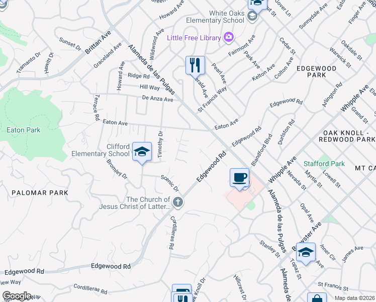 map of restaurants, bars, coffee shops, grocery stores, and more near 11 Krista Lane in San Carlos