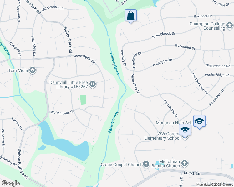 map of restaurants, bars, coffee shops, grocery stores, and more near 12401 Beauridge Court in Midlothian