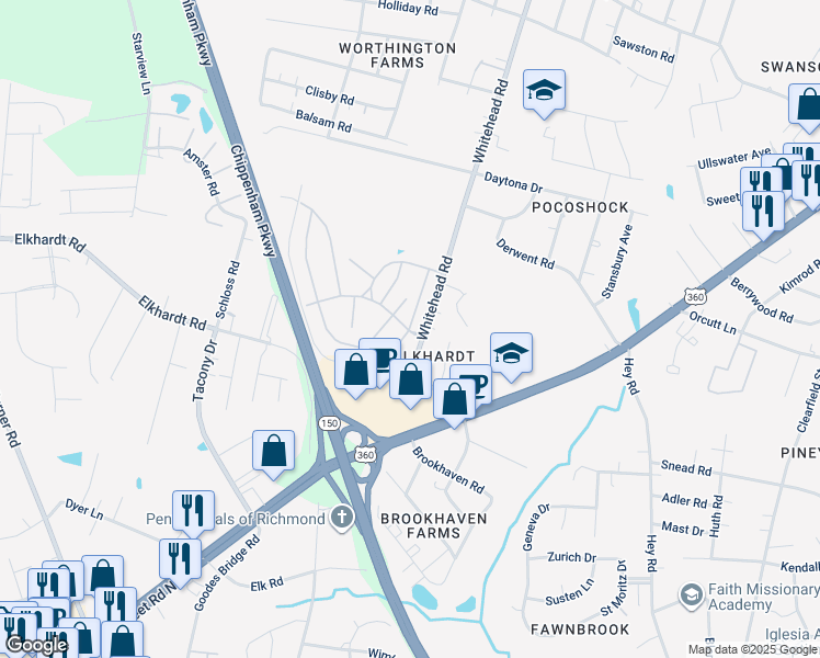map of restaurants, bars, coffee shops, grocery stores, and more near 6520 Elmbridge Road in Richmond