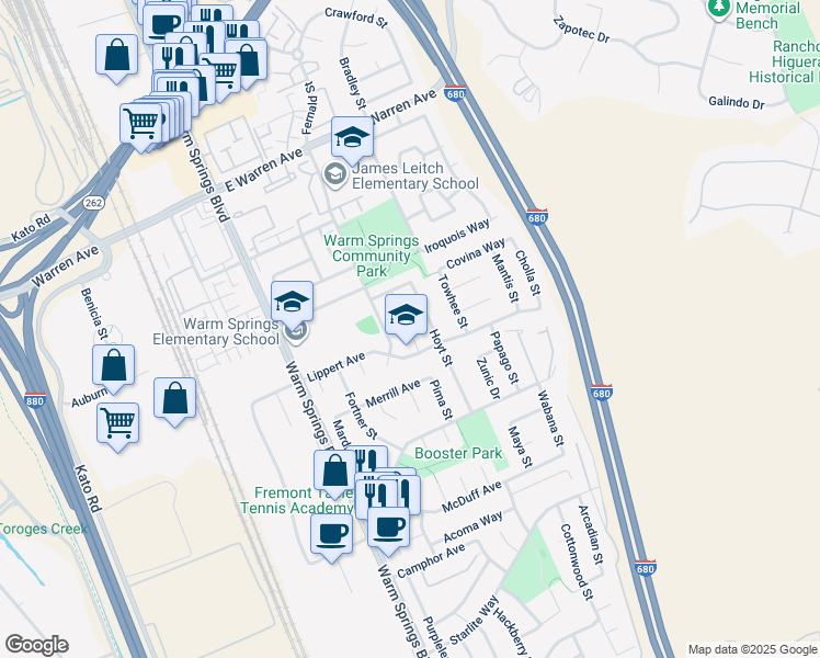 map of restaurants, bars, coffee shops, grocery stores, and more near 47453 Hoyt Street in Fremont