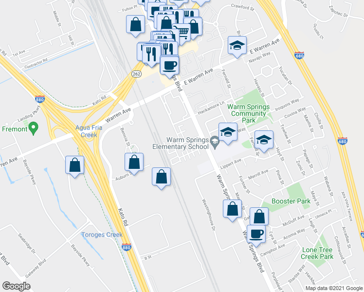 map of restaurants, bars, coffee shops, grocery stores, and more near 47224 Mission Falls Court in Fremont