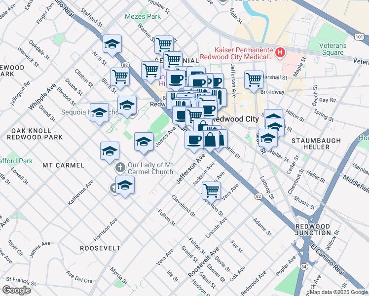 map of restaurants, bars, coffee shops, grocery stores, and more near 1060 El Camino Real in Redwood City