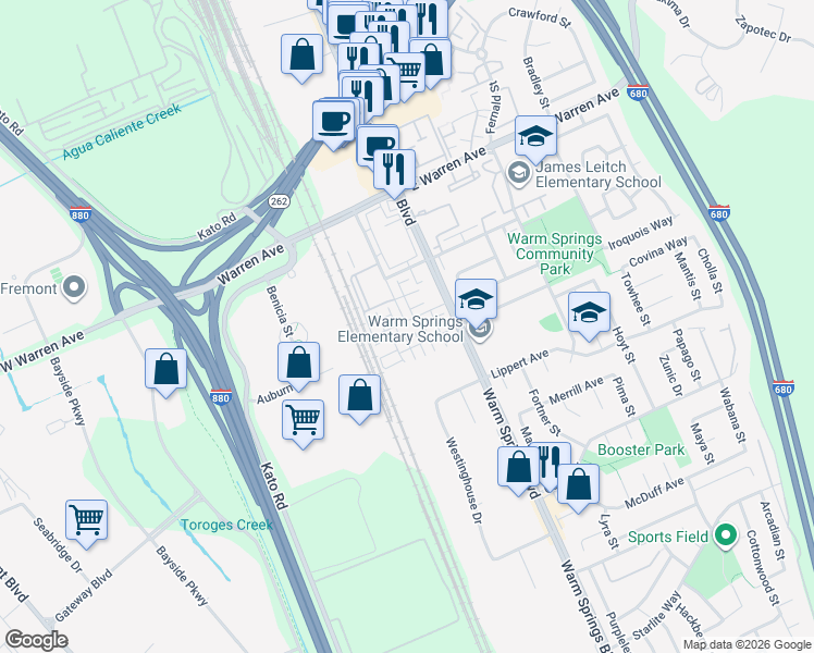 map of restaurants, bars, coffee shops, grocery stores, and more near 47224 Mission Falls Court in Fremont
