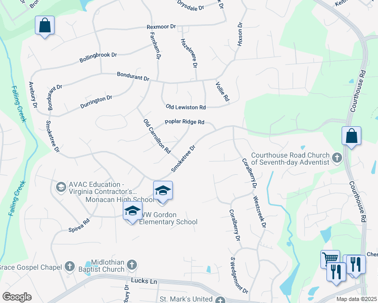 map of restaurants, bars, coffee shops, grocery stores, and more near 11389 Smoketree Drive in Richmond