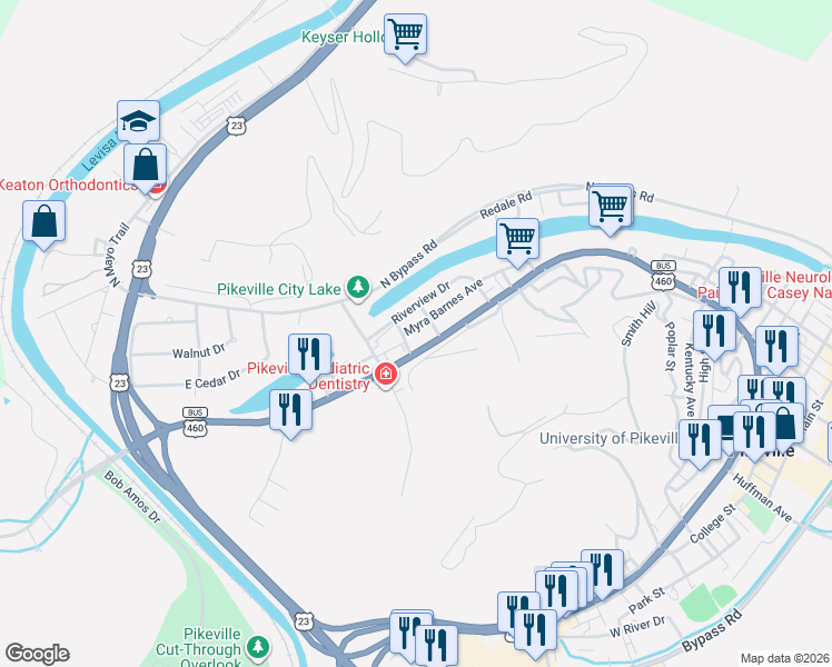 map of restaurants, bars, coffee shops, grocery stores, and more near 144 Myra Barnes Avenue in Pikeville