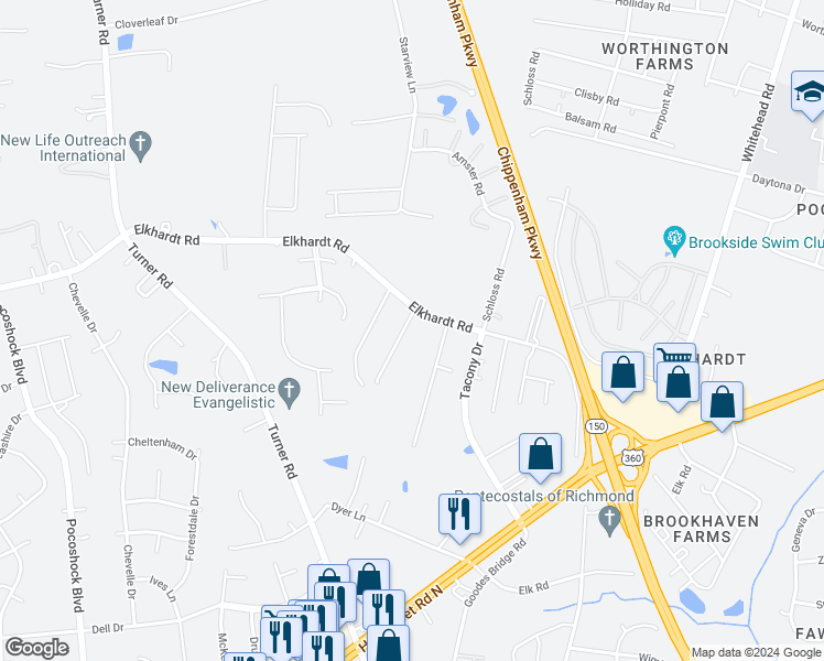 map of restaurants, bars, coffee shops, grocery stores, and more near 1613 Milo Road in Richmond
